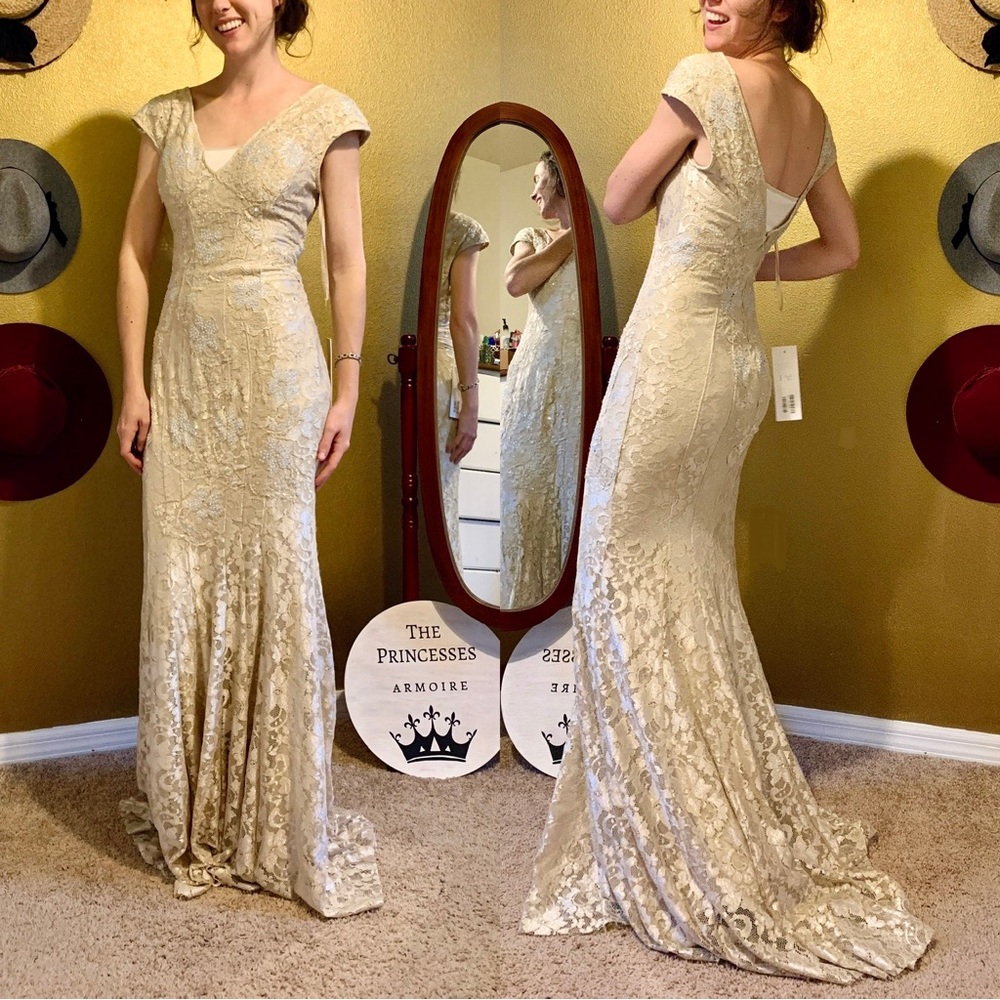 NWT Jovani Cream Nude Lace and Rhinestone Jewel Lace Gown - Picture 11 of 11